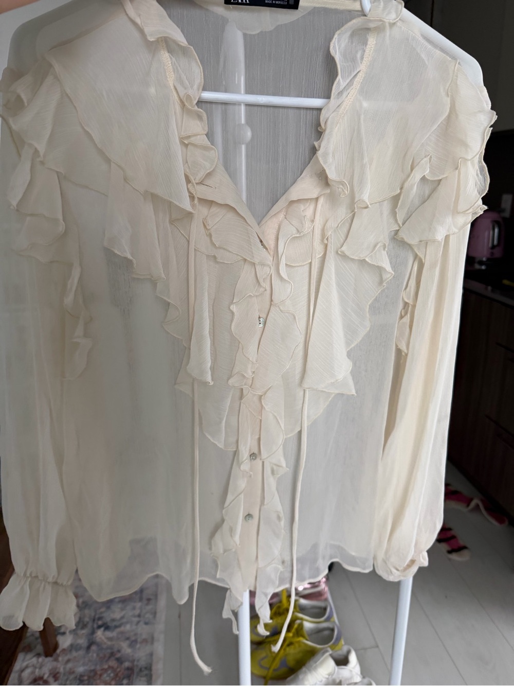 Zara Cream Sheer Ruffle Button Blouse - Picture 5 of 5